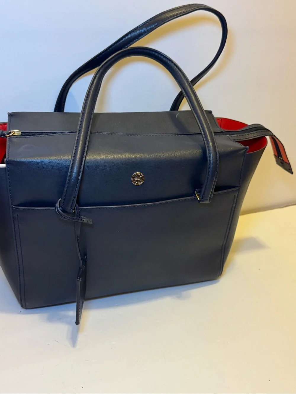 Tory Burch Navy Blue Leather Tote Bag